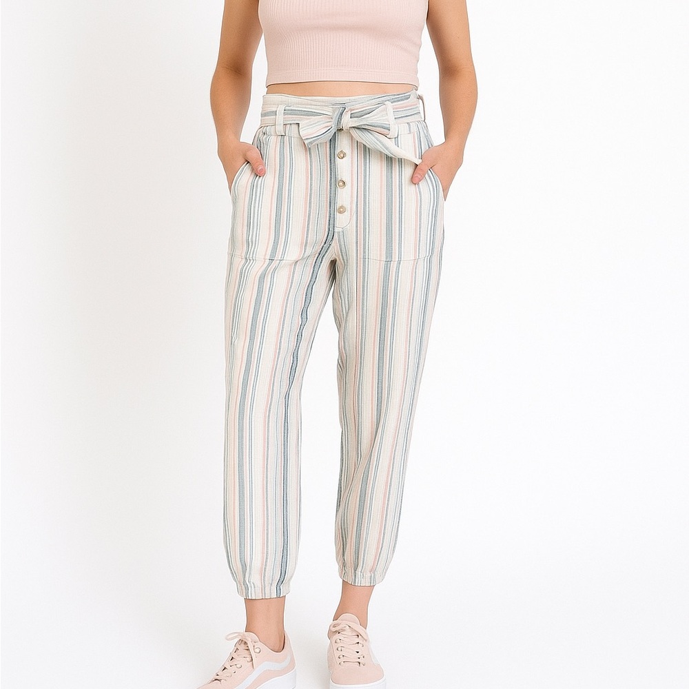 Indigo Rein Cream Linen Blend Stripe Paperbag Waist Striped Pants Joggers Large